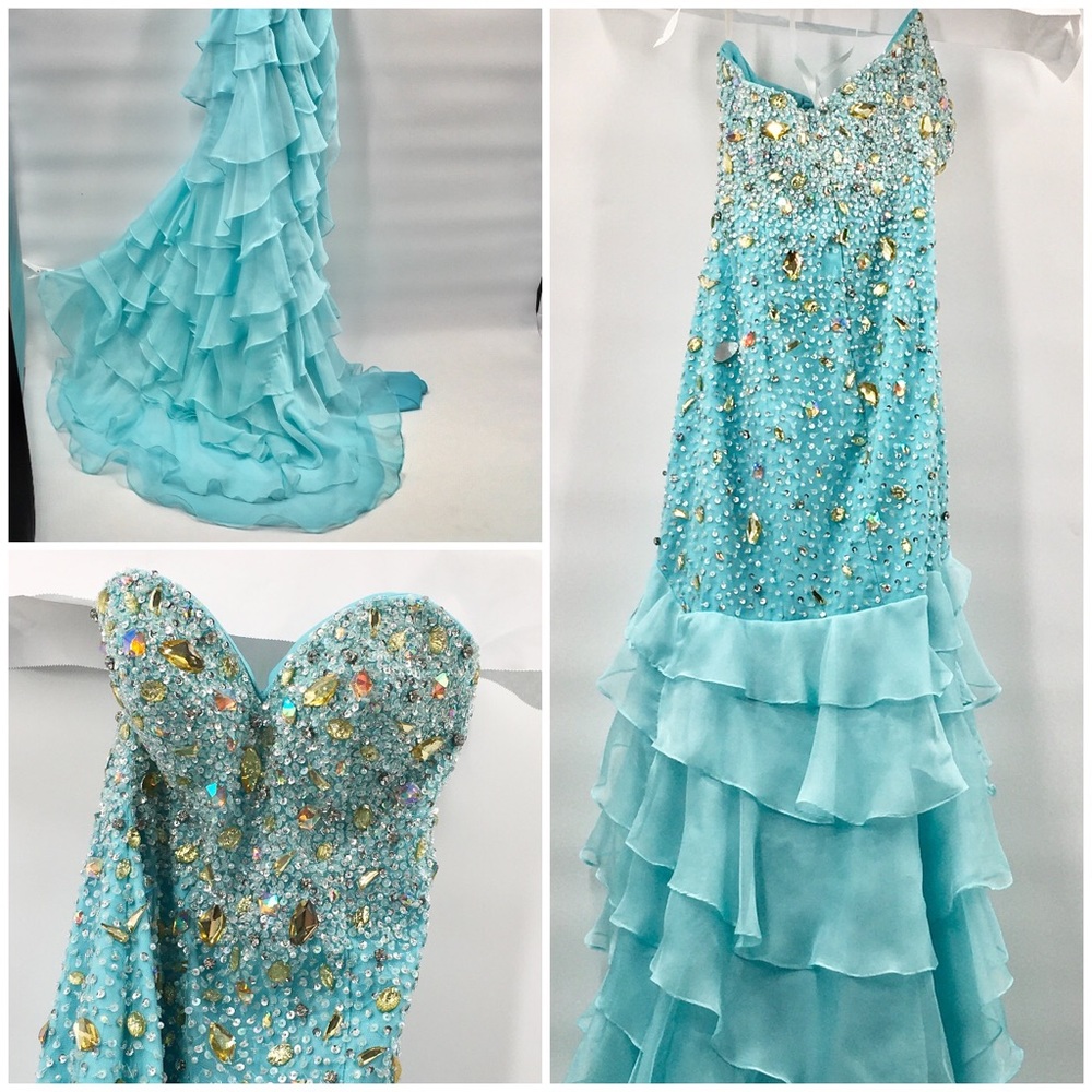 $1695 Terani Couture Aqua Ruffle Prom Gem … - Picture 12 of 14